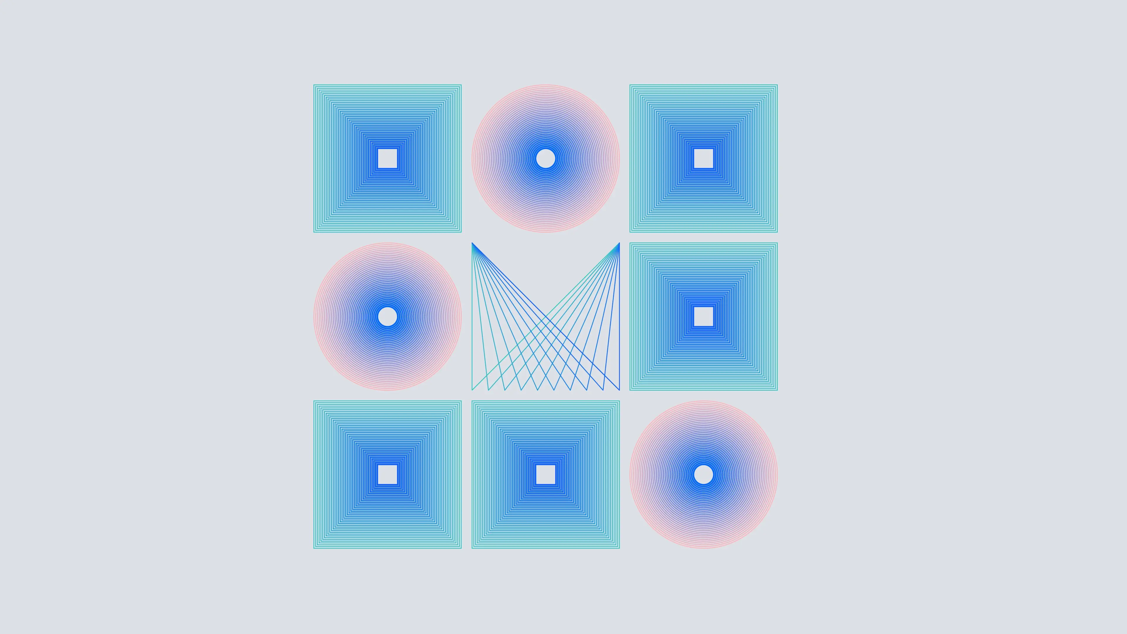 A 3x3 grid of concentric circles and squares