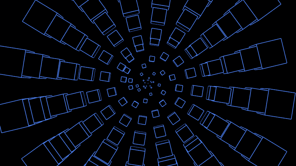 trippy animated graphic of overlapping blue squares shrinking as they spiral on a black towards a central point