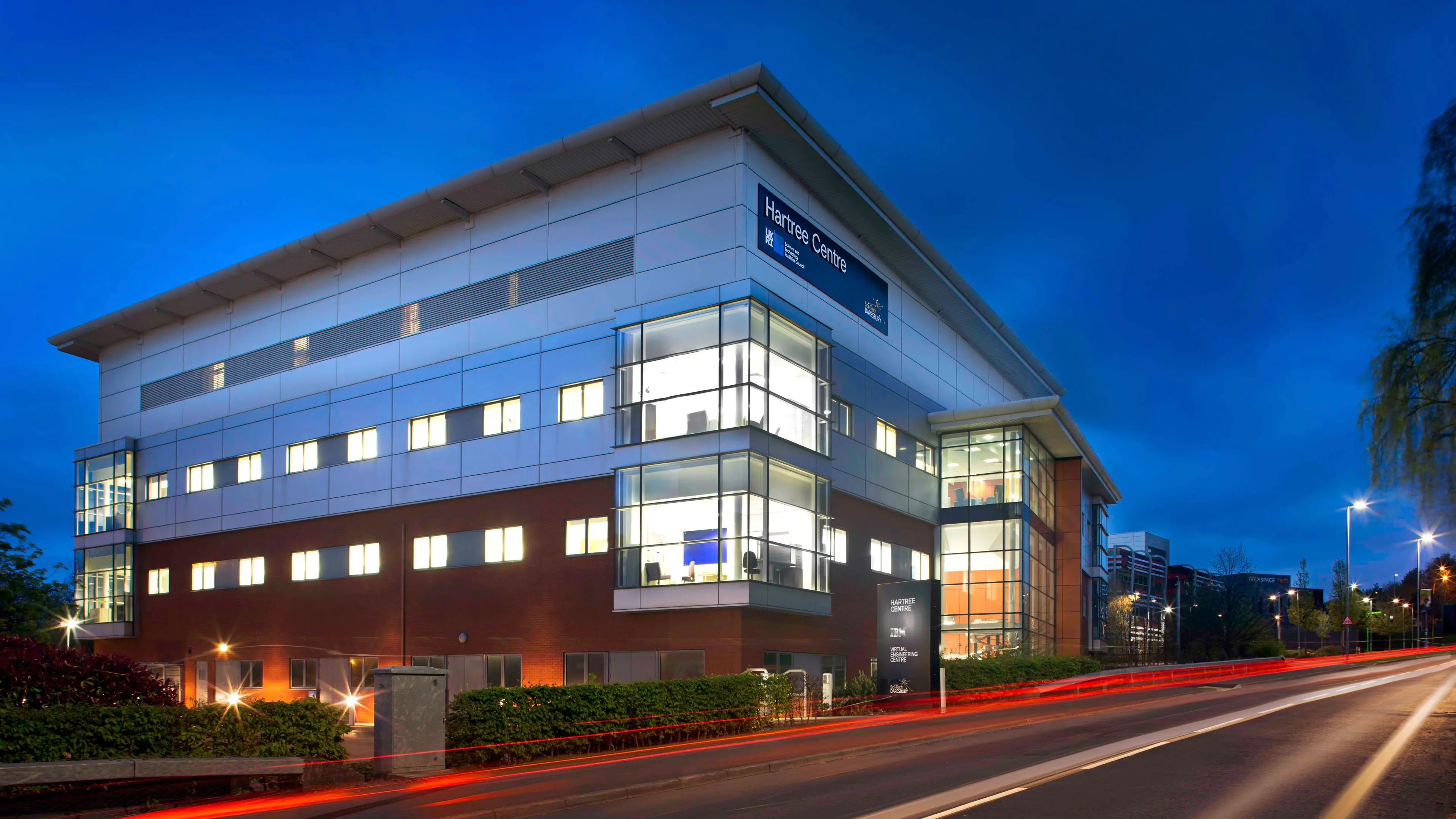The Science and Technology Facilities Council (STFC)'s Hartree Centre Building in Daresbury, UK at night