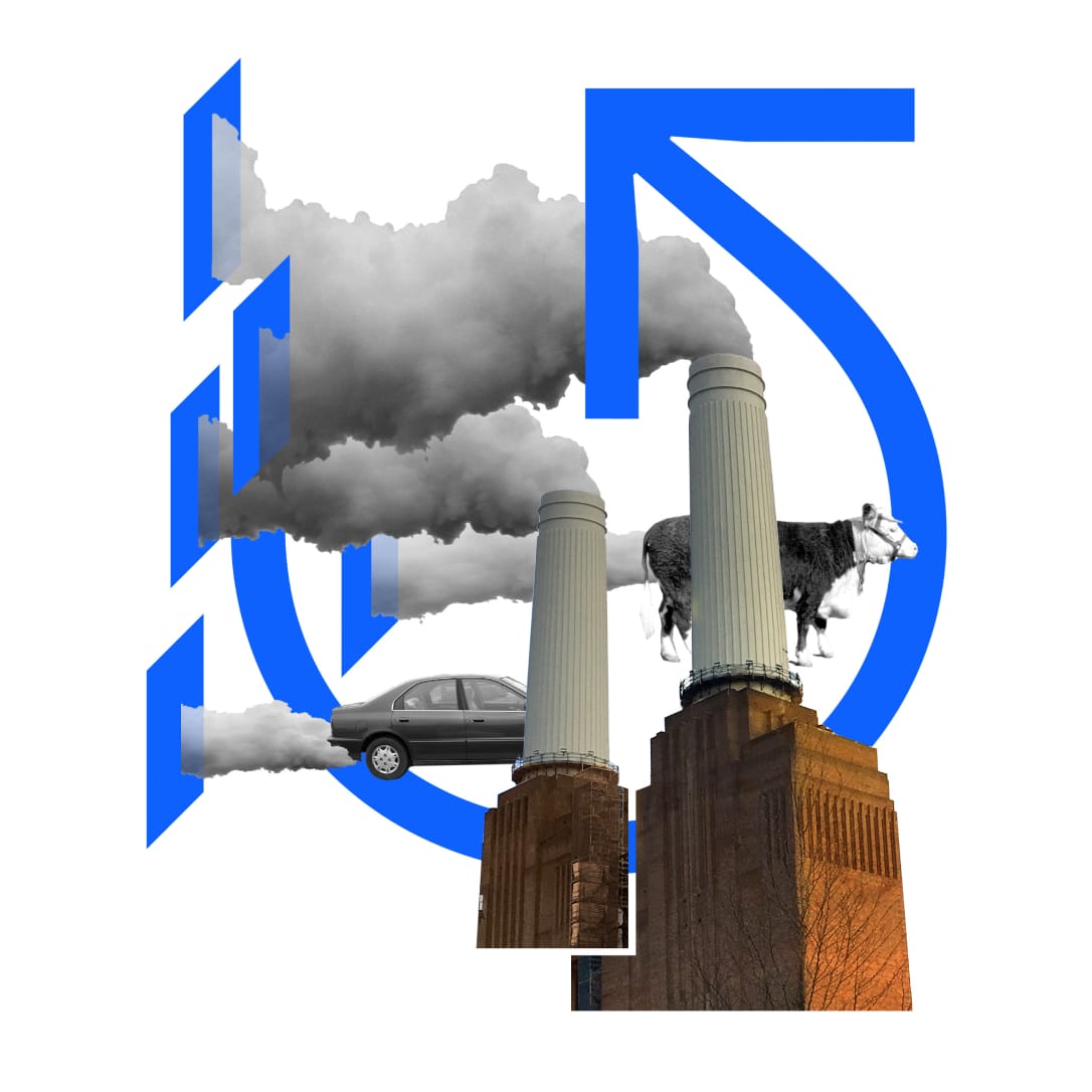 Graphic design of smoke stack with car and cow as well as large blue circular arrow