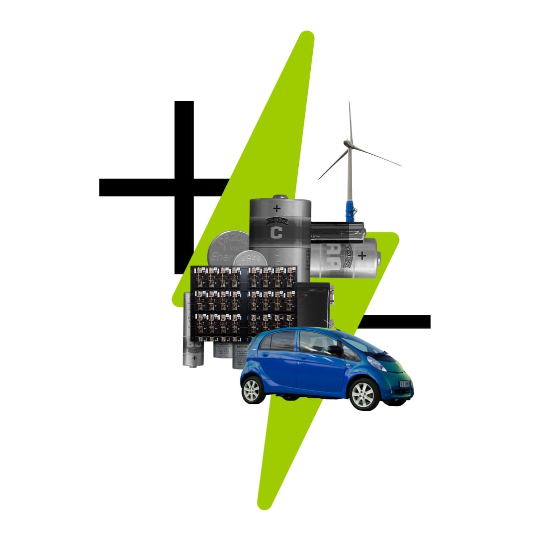 Graphic design of blue electric car, batteries, and windmill over top giant green electric bold and black plus/minus signs