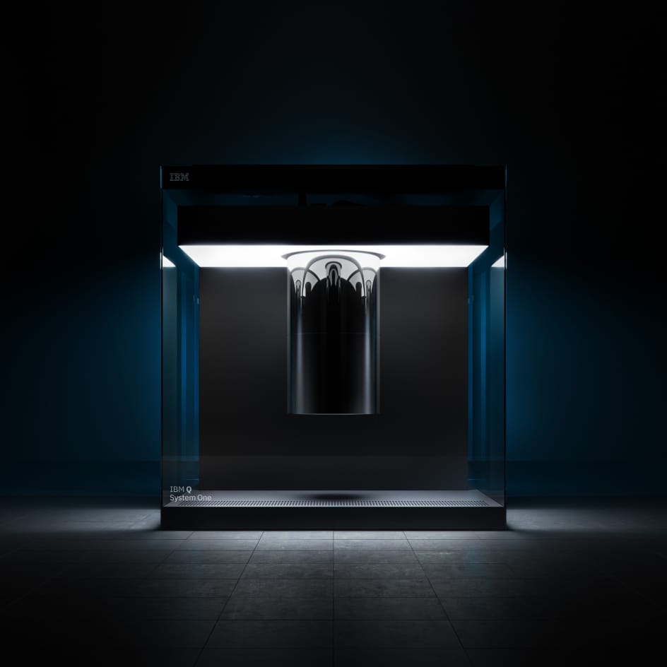 IBM quantum computing black box with cyclinder hanging in the middle
