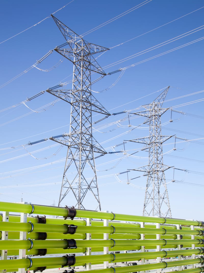 Two celle towers standing with blue sky behind them over top tubes full of green liquid